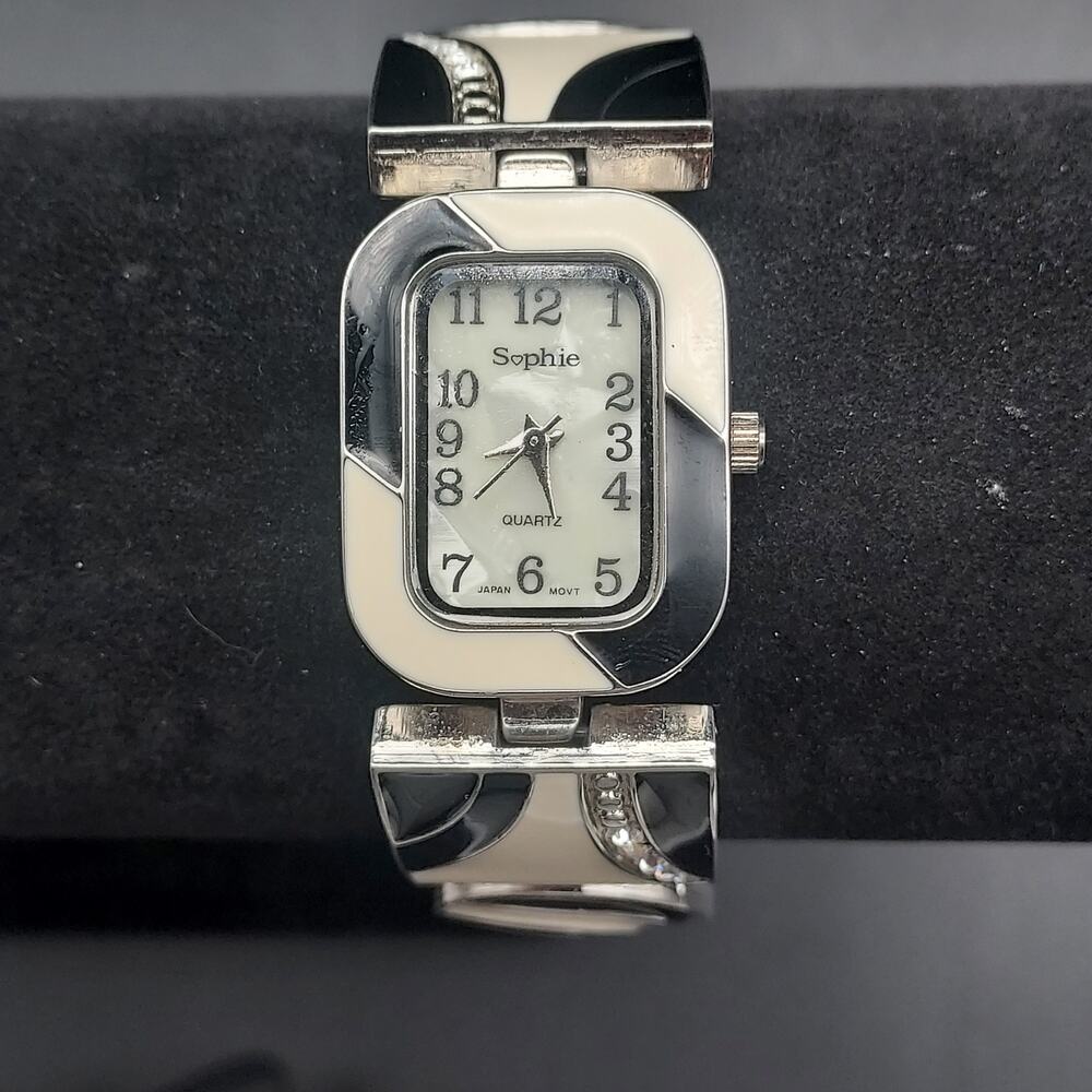 Black White Enamel Watch Sophie Womens Wrist Watch Geometric 1980s Rhinestone